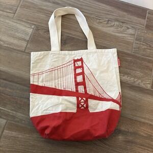 Rickshaw San Francisco Golden Gate Bridge Tote Bag Cream Red Made In USA